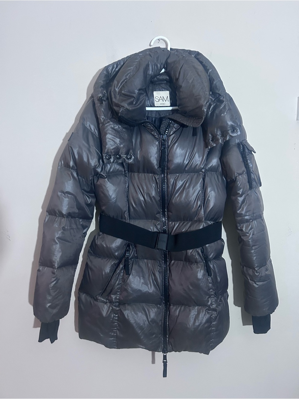 SAM. New York Soho Belted Down Puffer Jacket Metallic Gray/Gunmetal - Picture 2 of 10